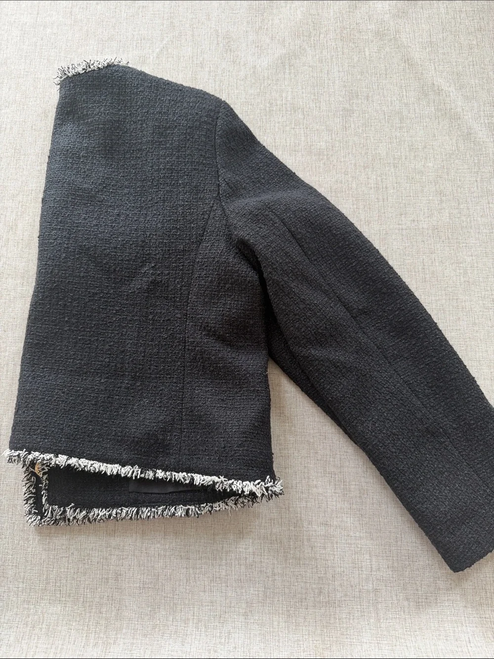 LOFT Tweed Jacket Women’s Large Black Textured Cropped Contrast Fringe Trim